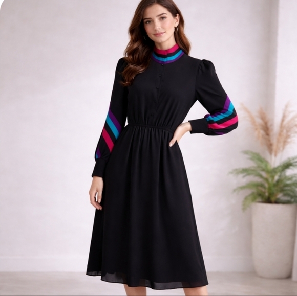 Benee | Vintage Black Semi-Sheer Midi Dress | Red & Turquoise Accent Collar - Picture 11 of 12